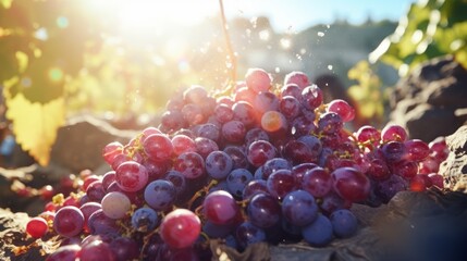 Ripe grapes being crushed, their juice glistening in the sunlight, starting the wine process - obrazy, fototapety, plakaty