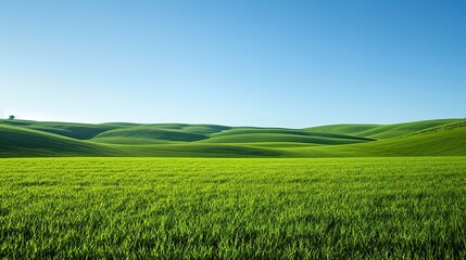 Summertime nature photo of lush green pastures and clear blue sky Explore Earth s beauty Copy space image Place for adding text - obrazy, fototapety, plakaty