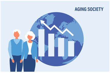 Aging society concept, world population aging because of low birth. Increasing senior elderly people vector illustration