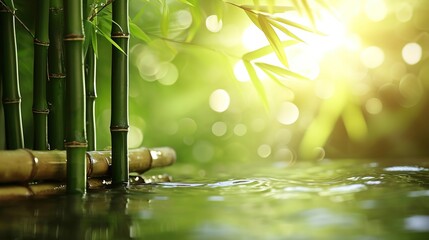 bamboo stems in a row in water, green sunny nature spa background for wallpaper decoration with asian spirit