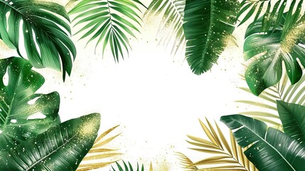 Tropical banner arranged from exotic and golden glitter leaves. Paradise plants, greenery and palm card. Stylish fashion frame. Sunset light. Wedding design.  - obrazy, fototapety, plakaty