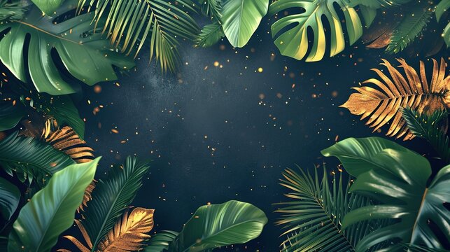 Tropical banner arranged from exotic and golden glitter leaves. Paradise plants, greenery and palm card. Stylish fashion frame. Sunset light