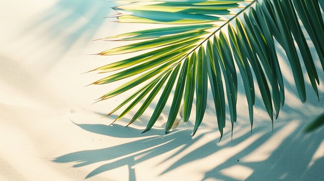 Tropical palm leaf shadow. Summer beach sand fashion background concept for travel vacation or ecological green cosmetics design.