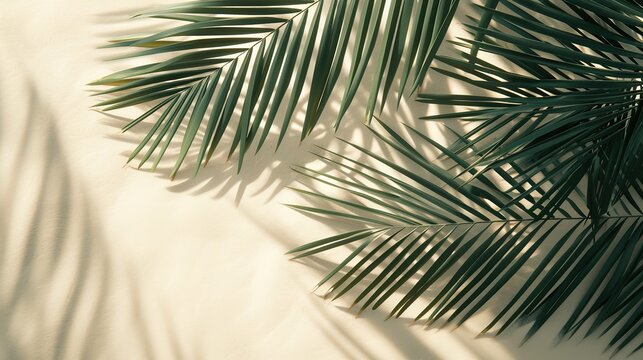 Tropical palm leaf shadow. Summer beach sand fashion background concept for travel vacation or ecological green cosmetics design.