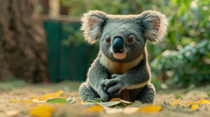 Obraz premium Cute Koala Sitting with Yellow Leaves: Adorable Wildlife Portrait