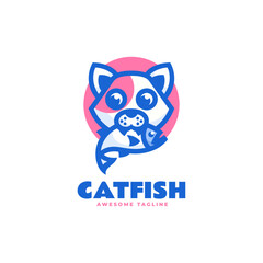 Vector Logo Illustration Cat Fish Simple Mascot Style.