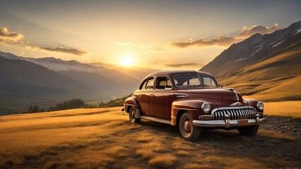 Fototapeta na wymiar Vintage car in the mountains at sunset.