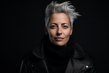 Portrait of a beautiful woman in a leather jacket on a black background