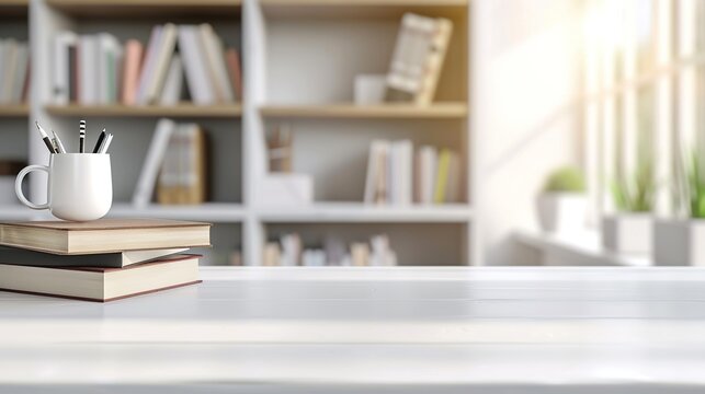 white table with books, stationery and copy space in blurred study room, flare light background