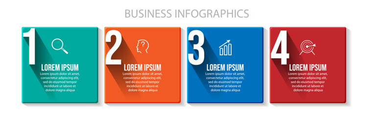 business infographic 4 parts or steps, there are icons, text, numbers. Can be used for presentation banners, workflow layouts, process diagrams, flow charts, info graphics, your business presentations
