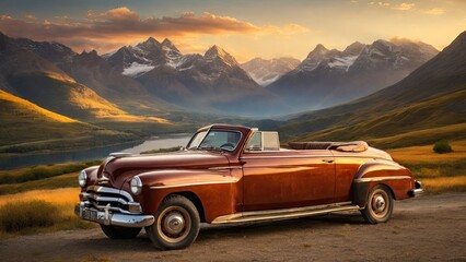 Classic american car in front of mountains at sunset,