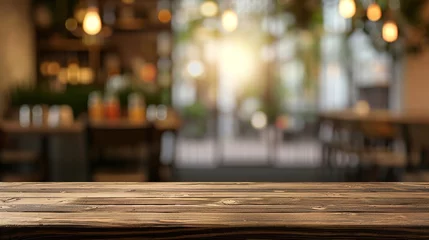 Foto op Canvas Wood table top on blur restaurant or cafe interior banner background - can be used for display or montage your product © INK ART BACKGROUND