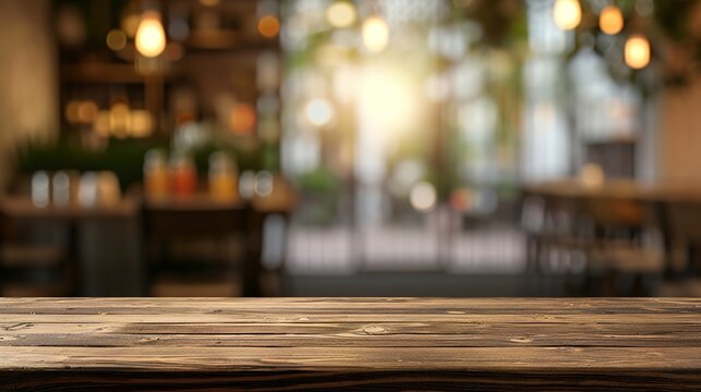 Wood table top on blur restaurant or cafe interior banner background - can be used for display or montage your product