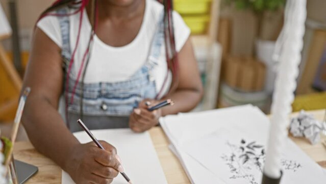 Smiling, confident african american woman artist enjoys drawing in art studio