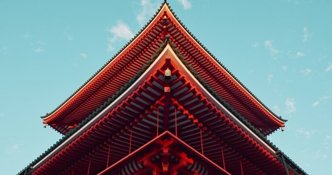 Japanese temple, blu sky and architecture, religion and traditional with building for Buddhism, for faith. Tradition, culture and landscape in Japan, place of worship with property or real estate