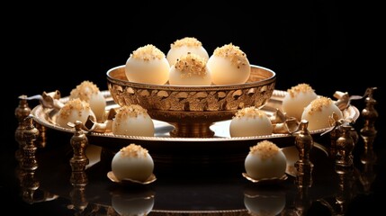 A harmonious display of rasmalai spheres nestled in an ornate arrangement, celebrating the art of dessert-making and cultural heritage.