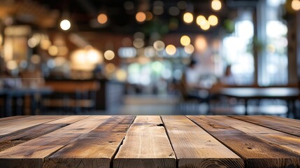 Wooden board empty table in front of blurred background. Perspective brown wood over blur in coffee shop - can be used for display or montage your products.Mock up for display of product