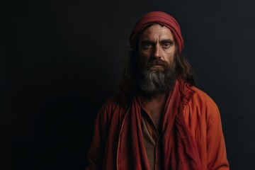 Portrait of a bearded man in a red turban on a black background.