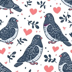 cute seamless pattern with pigeon couple decorated with heart love symbol