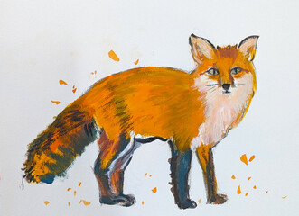 横向きの狐が、顔を正面に向けて立っている手描き、水彩、イラスト