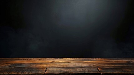 Wooden table in dark room background concept - obrazy, fototapety, plakaty