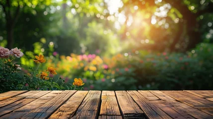 Fotobehang Wooden table in garden and summer time. Free space for your decoration © INK ART BACKGROUND