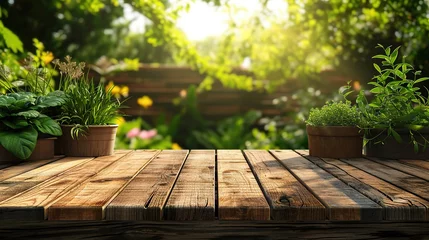 Fotobehang Wooden table in garden and summer time. Free space for your decoration © INK ART BACKGROUND