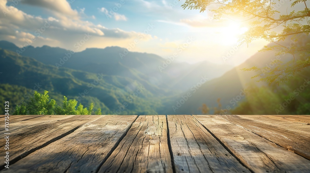 Wall mural wooden table top with the mountain landscape