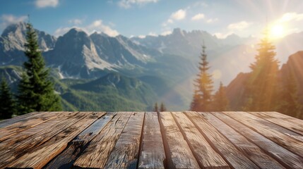 wooden tabletop featuring a mountainous backdrop