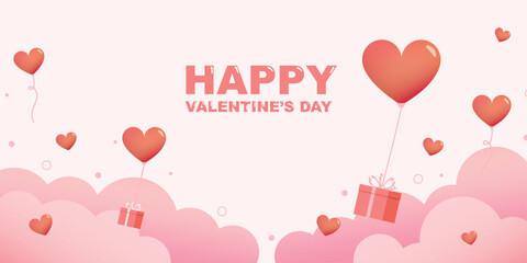 Valentine greeting card with balloons. Happy valentine's day. Gift boxes with heart balloon floating it the sky. 