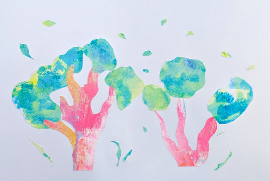 葉が風に舞っている中、2本の木が立っている、半抽象的、抽象的、手作り、イラスト