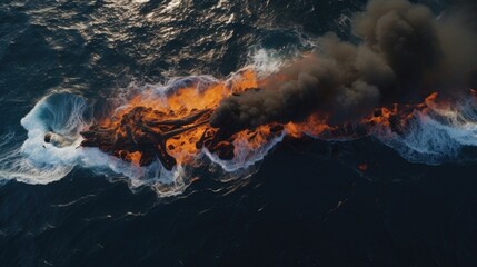 Aerial footage capturing the overwhelming magnitude of an oil spill, engulfing the ocean in a topdown perspective.