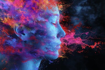 A person's face, submerged in colorful oils, appears to melt into the universe. - obrazy, fototapety, plakaty