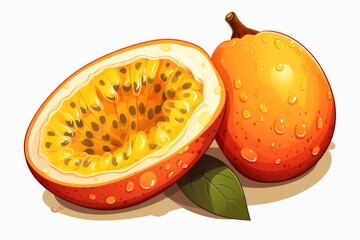 A highly detailed illustration shows a whole passion fruit and a half.