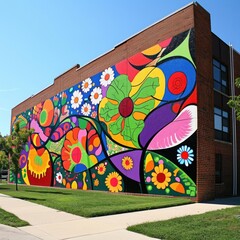 A colorful mural painting in an urban neighborhood With a community coming together to create art Symbolizing creativity Unity And urban renewal