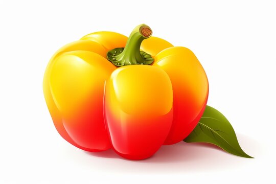 An illustration presents a red and yellow pepper with leaves against a white background.