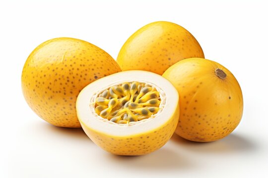 An illustration features a group of yellow fruits, including passion fruits and mango, on a white surface.