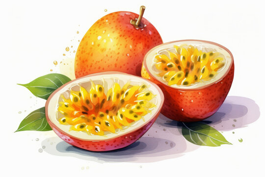 A full-color artwork illustrates two halves of a passion fruit.