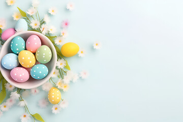 Fototapeta na wymiar Easter Eggs and Daisies on Pastel Blue Background Assorted polka-dotted Easter eggs in a bowl with white daisies on a soft blue background. 