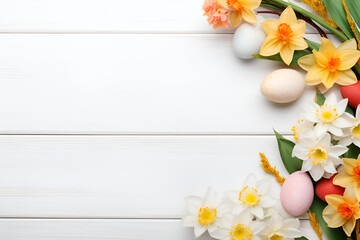 Easter Composition with Eggs and Spring Flowers
A bright Easter setting with painted eggs among blooming daffodils and narcissus on a wooden table.
