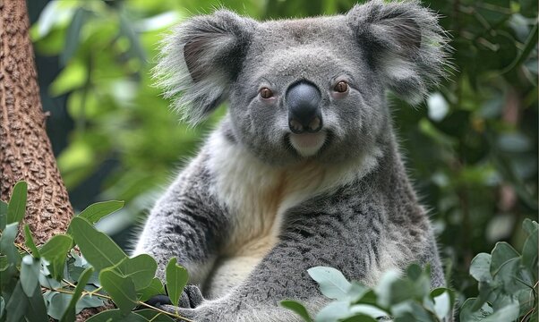 Friendly Koala Gazing from Tree, Lush Green Leaves Background
