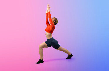 Fototapeta na wymiar Full body length gaiety shot athletic and sporty woman doing healthy and meditative yoga exercise workout posture on isolated background. Healthy active and body care lifestyle