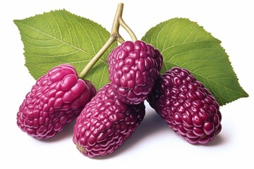 Three raspberries, adorned with leaves, are presented on a white surface.