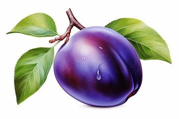 A plum, adorned with leaves, is showcased on a white background.