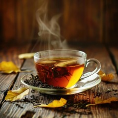 A fresh Steaming cup of tea with leaves scattered around
