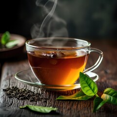 A fresh Steaming cup of tea with leaves scattered around