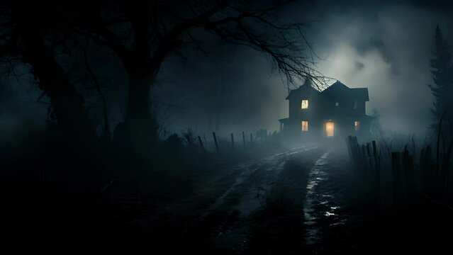 abandoned house shrouded in fog with a ly visible will o the wisp leading the way.