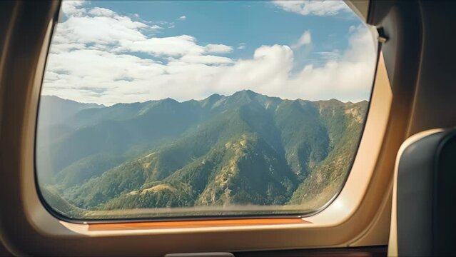 From the comfort of the private jet, the sprawling mountain range appears as if its a painting, with the jet window acting as a frame for this natural masterpiece.