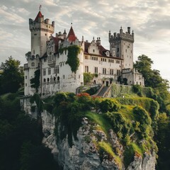 Fototapeta premium A majestic castle on a hill with historical architecture Surrounded by a moat and gardens Evoking a sense of history Royalty And architectural beauty