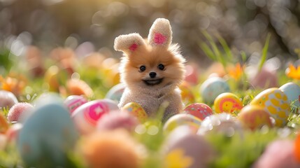 Fototapeta na wymiar Pomeranian with Easter bunny costume